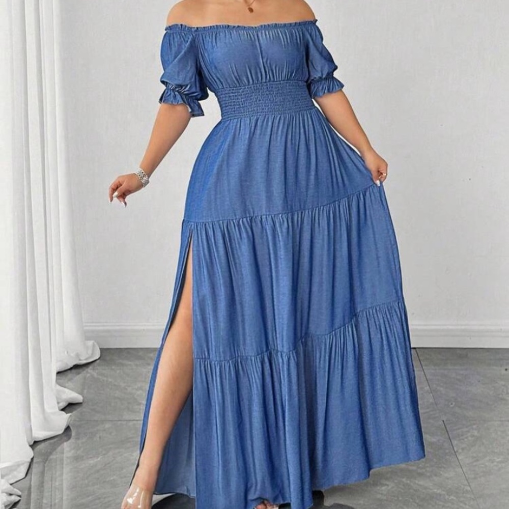 Elegant Blue Off-Shoulder Maxi Dress